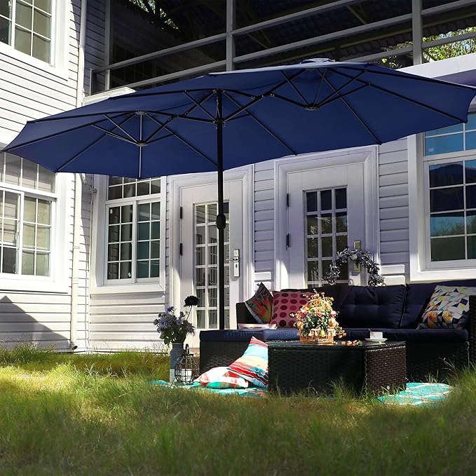 PHI VILLA 15FT Patio Umbrella with Base, Large Double-Sided Outdoor Market Umbrella with Crank Lift, UV-Resistant Canopy for Poolside, Garden, Deck, Backyard, Navy