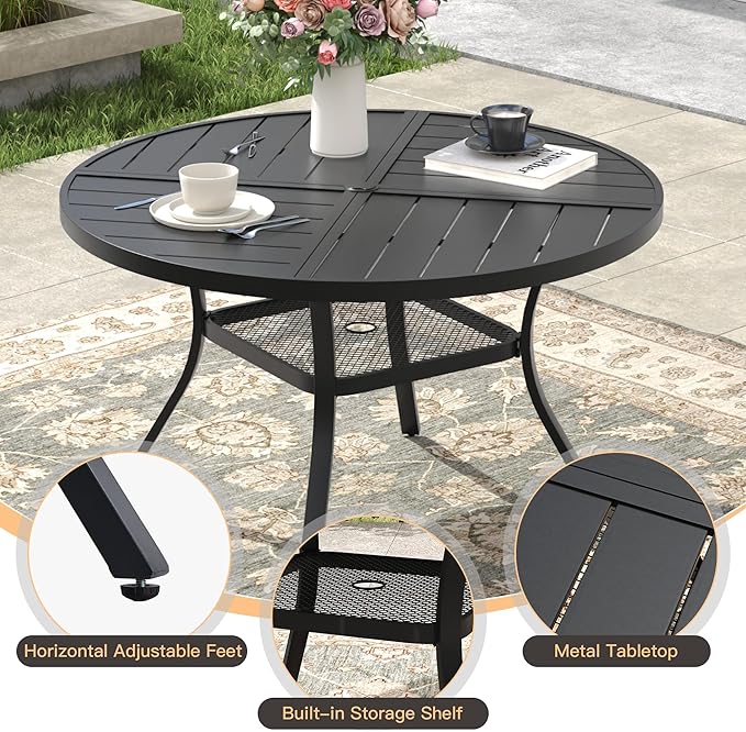 5 Pieces Outdoor Dining Set, Stackable Textilene Patio Chairs & 40.5" Round Dining Table with Umbrella Hole and Shelf, Patio Dining Set for Backyard, Deck, Garden, Grey & Black