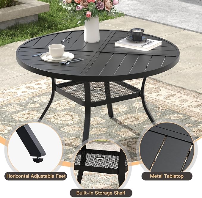 5 Pieces Round Outdoor Table and Chairs Set, Patio Dining Set with 40.6" Round Spliced Outdoor Table and Patio Swivel Chairs for Backyard Lawn Garden, Black Table and Dark Blue Chairs