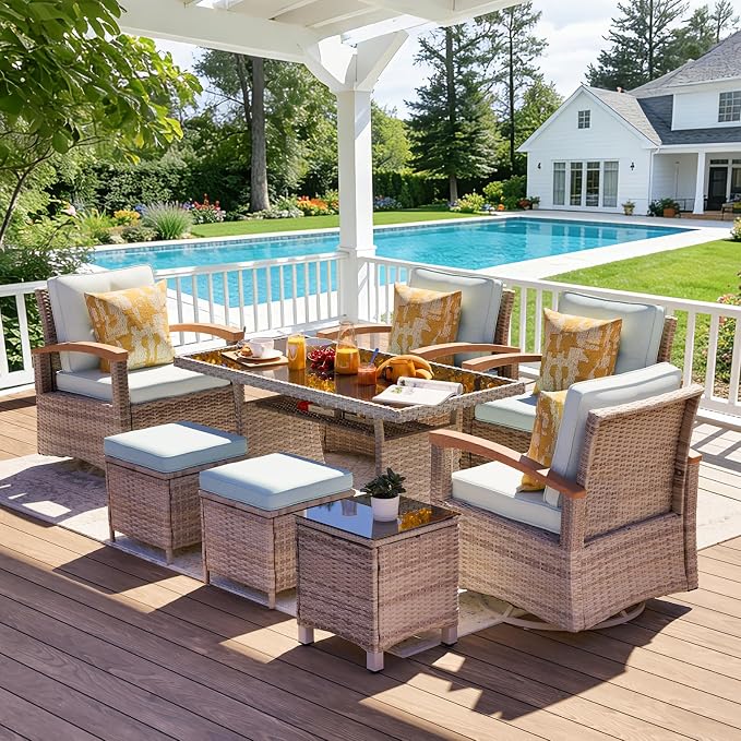MEISSALIVVE 8 Pieces Patio Furniture Sets, PE Wicker Outdoor Conversation Sets with 2 Wood Armrests Swivel Rocker Chairs, 2 Fixed Single Chairs, 2 Ottomans and Dining Table(Blue)