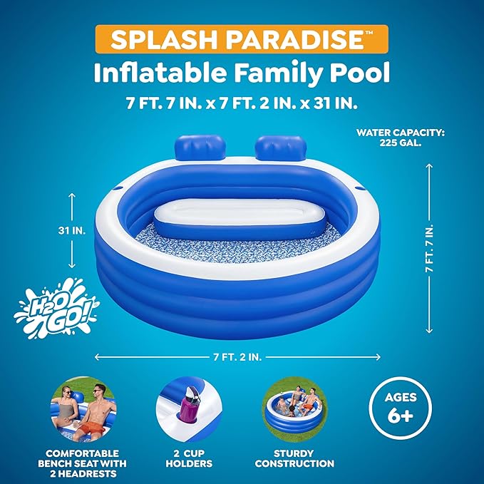 H2OGO! Inflatable Family Pool, Splash Paradise 7'7" x 7'2" x 31" Outdoor Inflatable Swimming Pool for Kids and Adults - Bench Seat, Headrests, & Cupholders