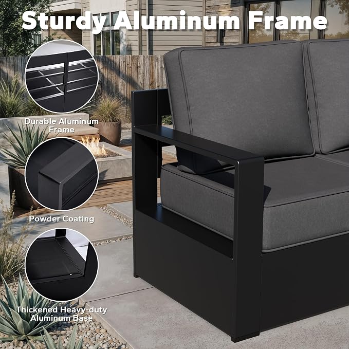 Outdoor Aluminum Furniture Set, 5-Piece Patio Conversation Set, 2 Swivel Chairs, 2 Chairs and 1 Sofa, All-Weather Metal Frame, 6" Thick Removable Cushions, Deep Setting for Garden and Porch, Grey