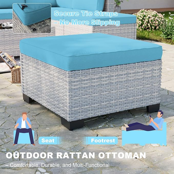 9-Piece Patio Furniture Set, Outdoor with Ottomans, Modular Patio Sofa, Dual-Strand Wicker Rattan, Rust-Resistant Frame, Backyard Furniture for Garden, Deck, Lake Blue