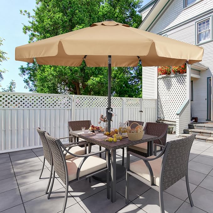 MASTERCANOPY 9ft Patio Umbrella with Valance, Crank and Tilt – 8 Ribs Outdoor Market Umbrella, UV/Fade Resistant, Waterproof Canopy with Wind Vent for Garden, Deck, Backyard, Pool (Khaki)