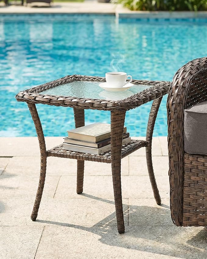 Belord Upgraded 6“ Cushion Luxury 3 Pieces Patio Furniture Set - All Weather Wicker Outdoor Swivel Rocker Patio Chairs of 2 with Side Table, High Back Glider Chairs Set for Deck Porch - Brown/Grey