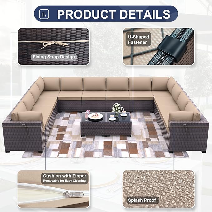 Patio Furniture Set 14-Piece Outdoor Furniture for Backyard Wicker Sectional Sofa Set, PE Rattan Patio Conversation Set 12 Seat with 4 Inch Thickened Cushions and Glass Coffee Tables, Sand