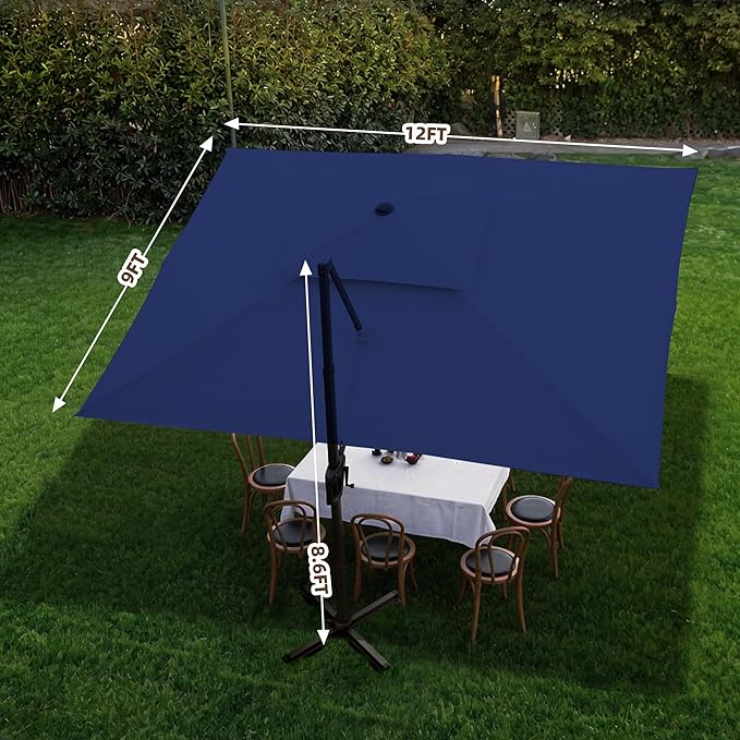 9 X 12 FT Cantilever Outdoor Patio Umbrella with LED Lights Large Heavy Duty 360° Rotation Double Top Offset Rectangular Umbrellas for Backyard Garden Pool Outside Deck, Navy