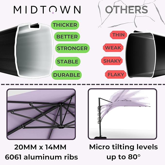 Midtown Umbrellas 9 x 9 Ft Outdoor Cantilever Patio Umbrella w/Terylast Midtown Purple Fabric - Tilt 360° Offset Patio Umbrella, Deck Patio Umbrella, Backyard Umbrella & Garden Umbrella - Black Frame