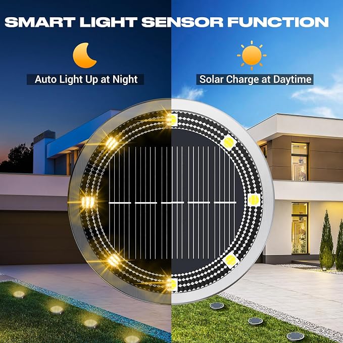 Solar Lights Outdoor Waterproof -12 Pack Solar Ground Lights Anti-Rust, Flat Solar Powered Disc Lights Landscape Lighting for Deck Step Patio Yard Pathway Walkway Driveway Garden, Warm White
