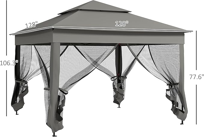 Outsunny 11' x 11' Pop Up Canopy, Outdoor Patio Gazebo Shelter with Removable Zipper Netting, Instant Event Tent w/ 114 Square Feet of Shade and Carry Bag for Backyard, Garden, Dark Gray