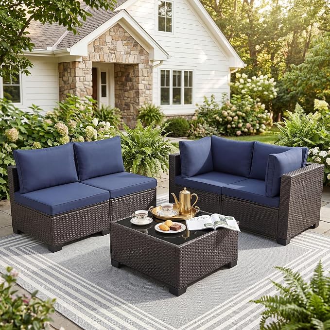 ANJ 5 Piece Outdoor Wicker Patio Furniture Set, Modular Loveseat Sofa with with Glass Top Coffee Table, All-Weather Rattan Conversation Couch Set for Balcony, Backyard, Dark Brown Wicker-Blue
