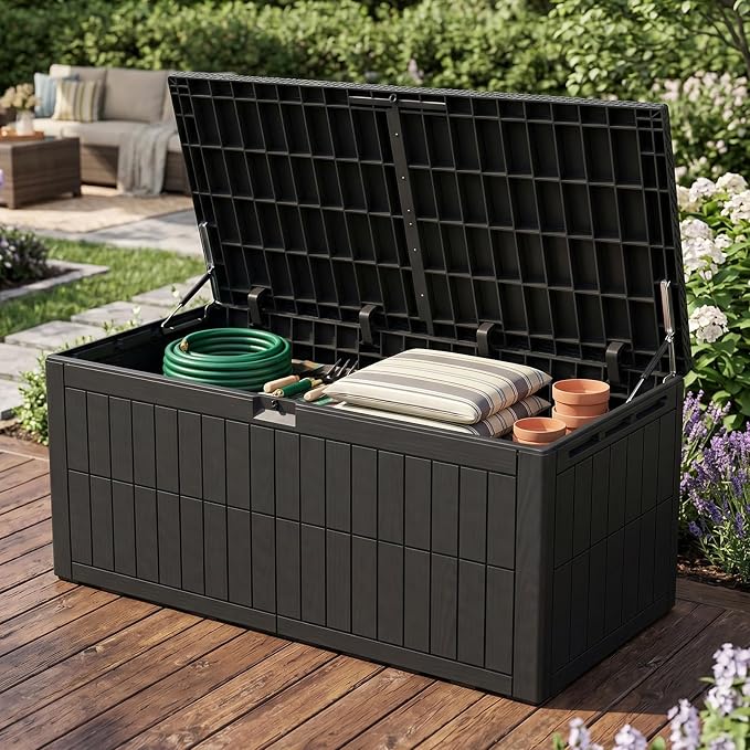 220 Gallon Extra Large Deck Boxes Outdoor Waterproof Lockable | Outdoor Storage Box with Double Wall Resin Construction for Patio Furniture Garden Tools Pool Supplies