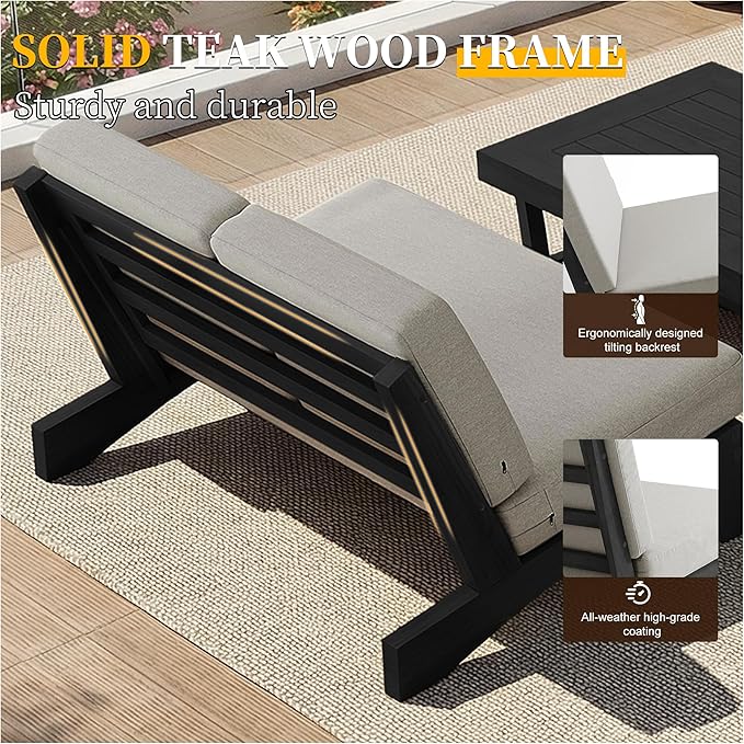 UIXE 6 Pieces All Weather Black Wood Patio Furniture Sets, 2 Patio Loveseat, 2 Patio Bistro Chair, Outdoor Sectional Sofa Furniture Backyard Conversation Set with Coffee Table - Light Camel