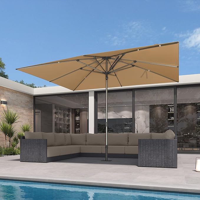 PURPLE LEAF 9 X 12 FT Commercial Rectangle Patio Market Umbrella Semi Auto Heavy Duty 1.9" Aluminum Pole 8 Sturdy Ribs for Restaurant Cafe Hotel Outdoor Dining Resort Cafes Bulk Order Deck Pool Garden Beige