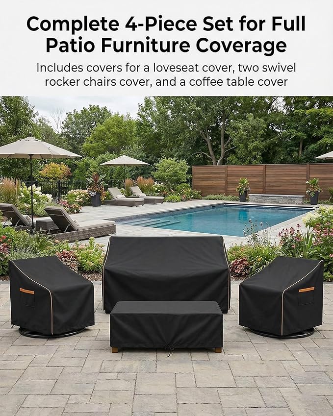 Outdoor Furniture Cover Waterproof, 4-Piece Outdoor Patio Furniture Cover Set, 600D Heavy Duty Protection Patio Loveseat Swivel Rocker Chairs and Coffee Table Garden Protective Furniture Set, Black
