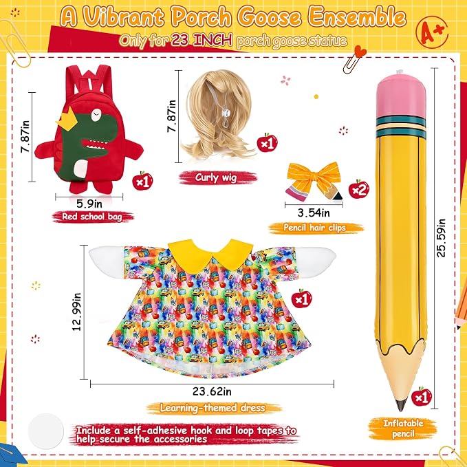 23" Back to School Porch Goose Outfit, Curly Wig (Statue not Included) | Complete 6 piece back to school goose set, Wavy unbraided wig + dress + pencil clips + inflatable pencil + red bag + tape