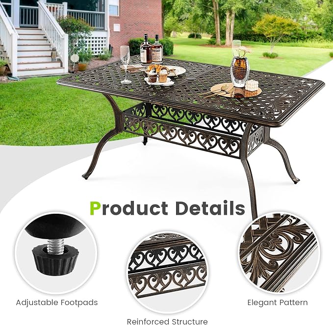Giantex Patio Dining Table, Cast Aluminum Outdoor Table for 6 or 8 Persons, Heavy-Duty Structure, Adjustable Footpads, All-Weather Square Umbrella Table with Hole, 59" Lx35.4 Wx28.3 H