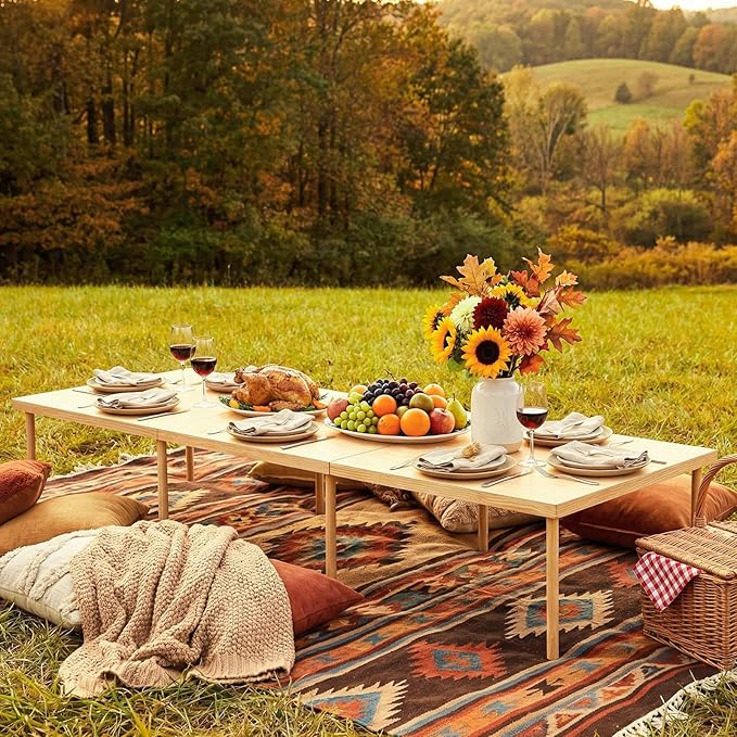 Leinuosen 90"x30" Boho Wooden Picnic Table, Portable Folding Outdoor Low Picnic Table with Adjustable Legs Height 13'' & 16'' for Floor Seating, Beach, Camping, BBQ, Backyard, Seating for 8-10 People