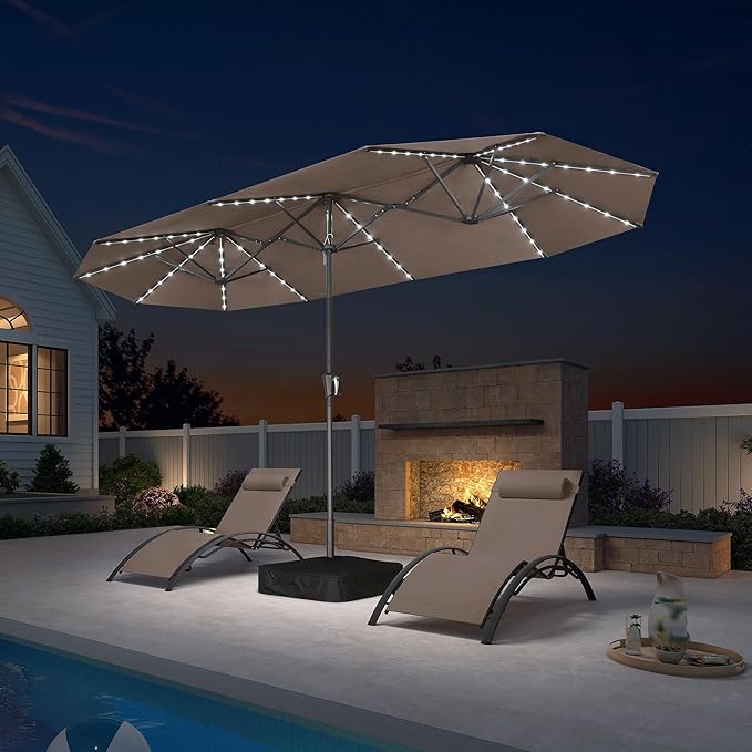 PURPLE LEAF 13ft Double-Sided Patio Umbrella with Solar Lights Outdoor Market Umbrella with Base and Crank Handle Table Umbrella for Backyard Pool Garden Deck, Taupe