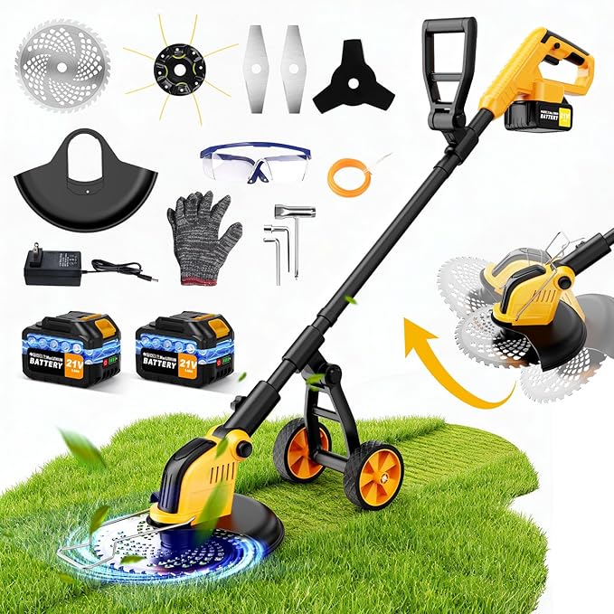 20000RPM Cordless Electric Weed Wacker, 12" Brushless Cordless String Trimmer, 4 in 1 Weed Eater/Brush Cutter/Weed Trimmer with 2*Batteries Powered & Auxiliary Wheels, Grass Trimmer for Yard Care