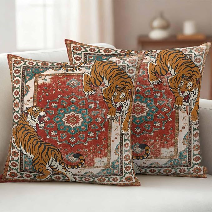 Tiger Print Outdoor Pillow Covers 18"x18" Set of 2, Boho Vintage Animal Orange Red Floral Geometric Waterproof Throw Pillow Covers for Patio Furniture, Decorative Cushion Covers for Porch
