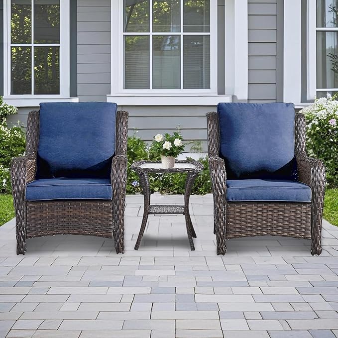 3 Pieces Patio Furniture Conversation Set PE Rattan Wicker Outdoor with 2 Armrest Chair and 1 Coffee Side Table, Soft Thick Washable Cushion for Yard Backyard Poolside (Brown/Navy Blue)