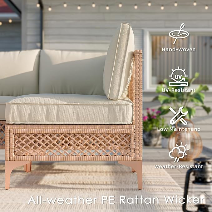 Vikiullf Patio Conversation Sets, 7 Piece Outdoor Furniture Set with Thick Cushions, Wicker Sectional Sofa Set with Coffee Table for Backyard, Poolside, Garden (Beige)
