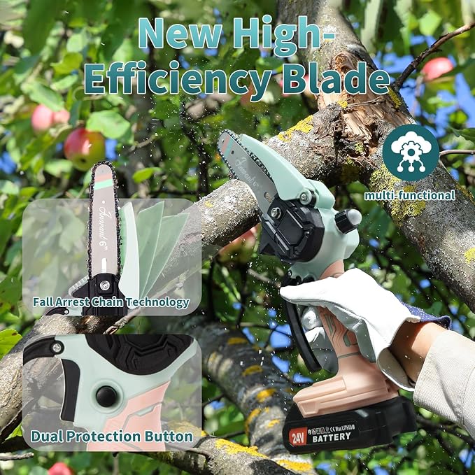 Mini Chainsaw with 2×24V Battery Powered Electric Chain Saw,chain saw are suitable for cutting wood and trimming branches,Mini Chainsaw Cordless With three chains (Blue-pink)