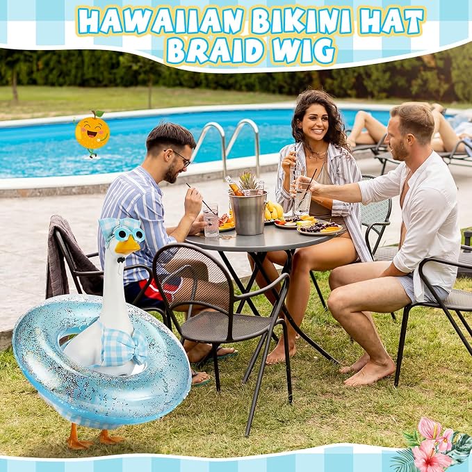 Bikini Porch Goose Outfits with Sunglasses and Swimming Tube for 23" Summer Goose Costume Garden Patio Statue Decor(Blue Plaid)