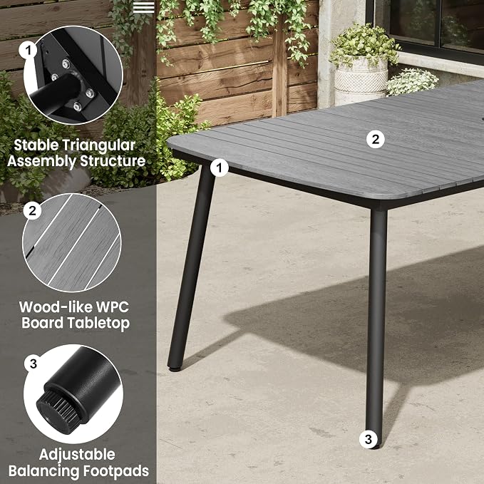 Outdoor Dining Table for 8, 82" Patio Table | Grey Rectangle Table with Aluminum Frame and Waterproof Wood Grain Tabletop for Lawn Backyard Garden Poolside