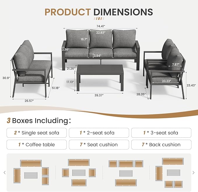 Aluminum Patio Conversation Set with Coffee Table 5 Pieces Deck Outdoor Furniture 7-Seat All-Weather Rust-Proof Sectional Sofa Set with Removable Cushion for Backyard, Poolside & Small Spaces