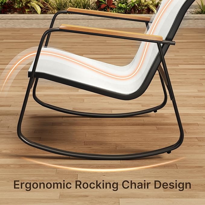 Ahomly Outdoor Patio Furniture Set 4 Pieces, Conversation Textilene Fabric Chairs with Coffee Table Rocking Chairs Bistro Set for Backyard, Poolside, Porch (White)