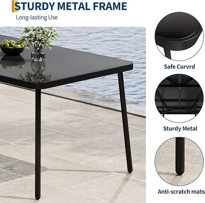 GarveeLife 59 in Tempered Glass Patio Dining Table with Metal Frame, 4-6 Person Rectangular Table for Porch Balcony Backyard Poolside, Black