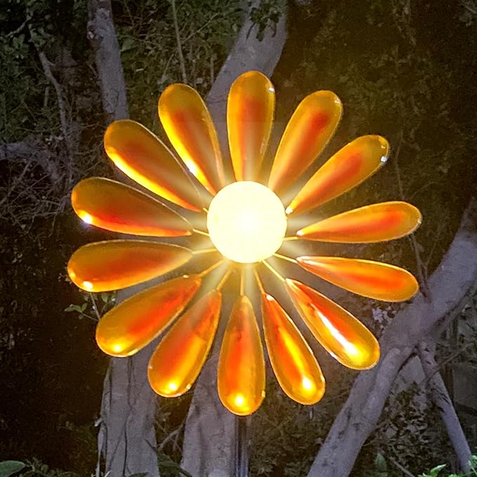 Solar Daisy Garden Wind Spinner, 44.48 Inch, Metal Stake Yard Wind Spinner with Solar-Powered Warm White LED Glass Globes and Dynamic Spinning Windmill for Yard Decor. Orange