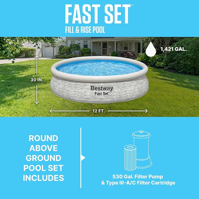 Bestway Fast Set 12' x 30" Round Inflatable Above Ground Swimming Pool Set, Stacked Stone Exterior Outdoor Family Pool with Filter Pump, Gray
