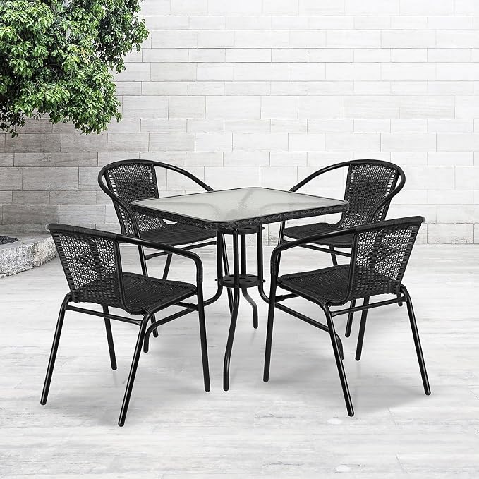 Flash Furniture 5-Piece 28" Square Indoor/Outdoor Patio Table and Chairs Set, Dining Set with Glass Metal Bistro Table, 4 Stack Rattan Chairs, Black