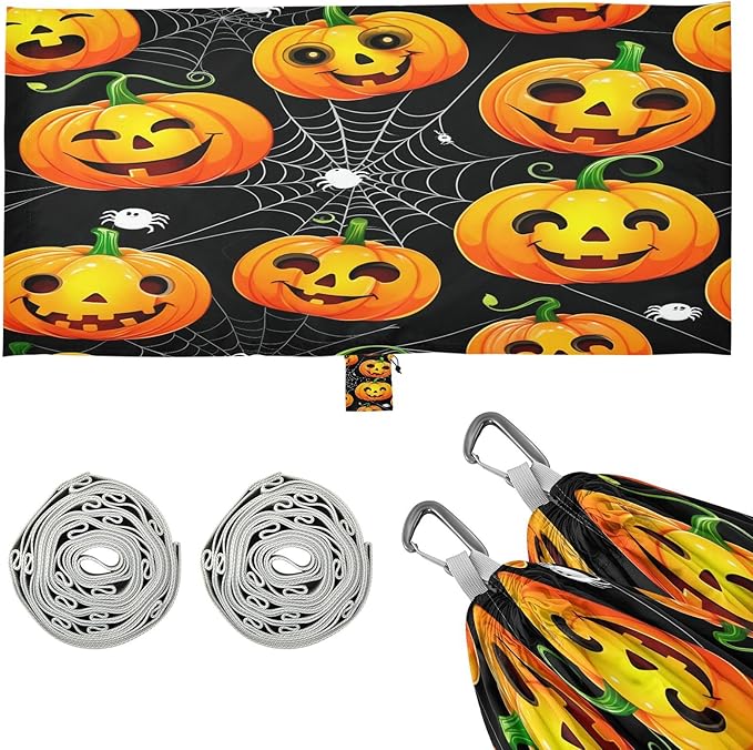 Hammocks for Outside Cartoon Jack-o-Lantern Pumpkins Camping Hammock Portable Hammocks with Tree Straps and Carry Bag Camping Accessories for Hiking Beach Outdoor