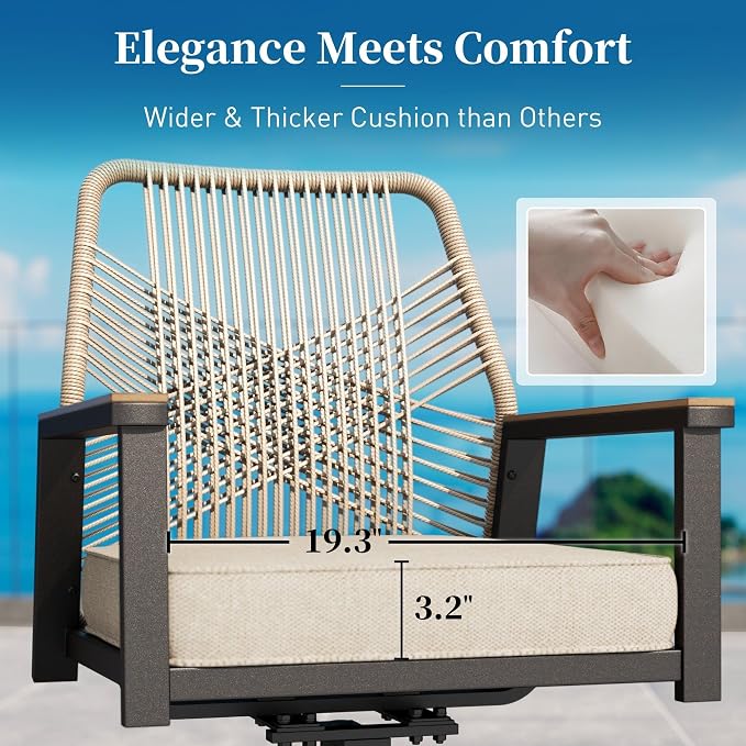 Patio Dining Set 9 Piece, 6 Woven Rattan Fixed Chairs and 2 Swivel Chairs with Waterproof Cushion, 83" Metal Rectangular Table with Umbrella Hole, Outdoor Table Set for Backyard Lawn Deck, Beige