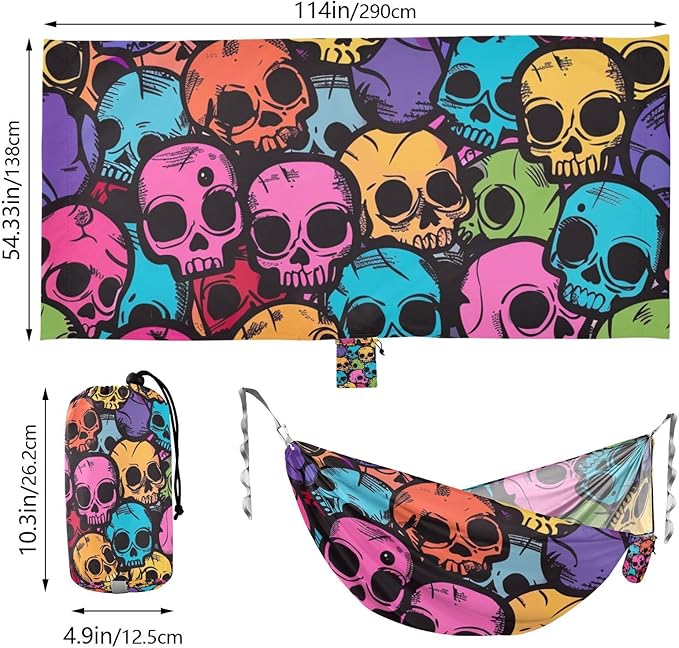 Colorful Cartoon Skulls 330lb Capacity Camping Hammocks with Tree Straps Indoor Hammock for Patio Backyard Lounge Base capas para la Lluvia