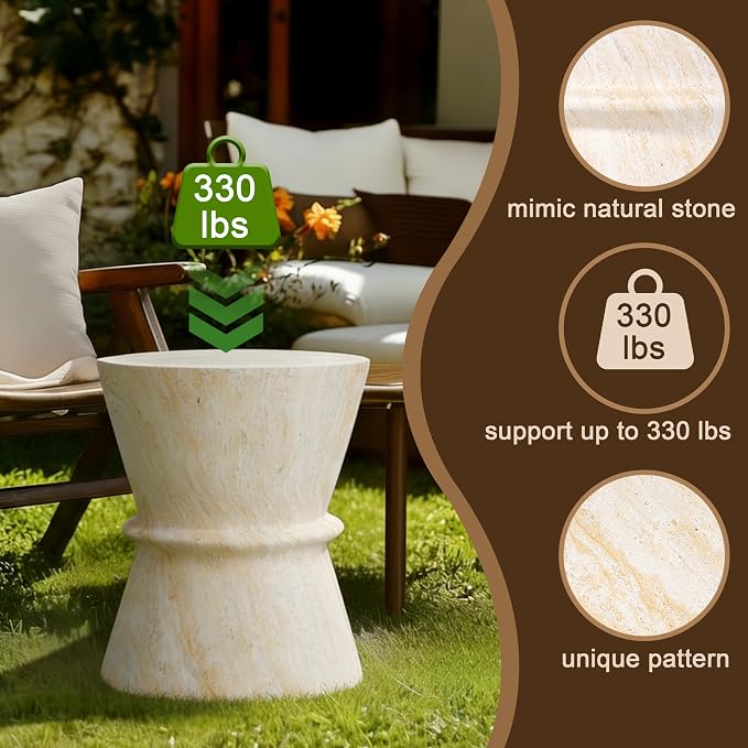 Merax Hourglass Shape Outdoor Side Table, Concrete Contemporary Lightweight Accent Table with Simulated Stone Texture, Outdoor Accent End Table for Livingroom, Garden, Beige+Yellow