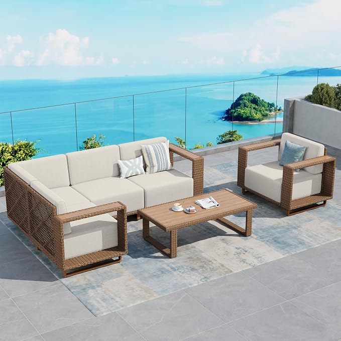 SUNSHINE VALLEY Patio Furniture Set, 6 Pieces Outdoor Sectional Yellow Rattan Wicker Sofa with 10''Ultra-Thick Cushions, L Shaped Modular Conversation Set for Lawn Garden Backyard