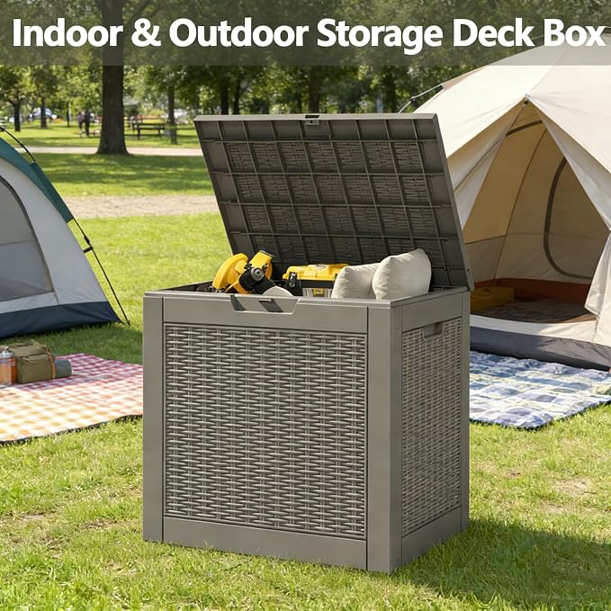 31 Gallon Outdoor Storage Box, Waterproof Resin Deck Box with Lockable Lid – Storage Cabinet for Patio Furniture, Pool Supplies, Garden Tools – Indoor & Outdoor Use