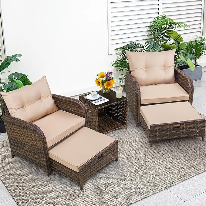 5 Pieces Outdoor Patio Chairs with Ottomans, PE Wicker Rattan Outdoor Furniture w/Footstool Sets, Front Porch Furniture Set, Wicker Patio Conversation Sets for Garden Lawn Balcony(Beige)
