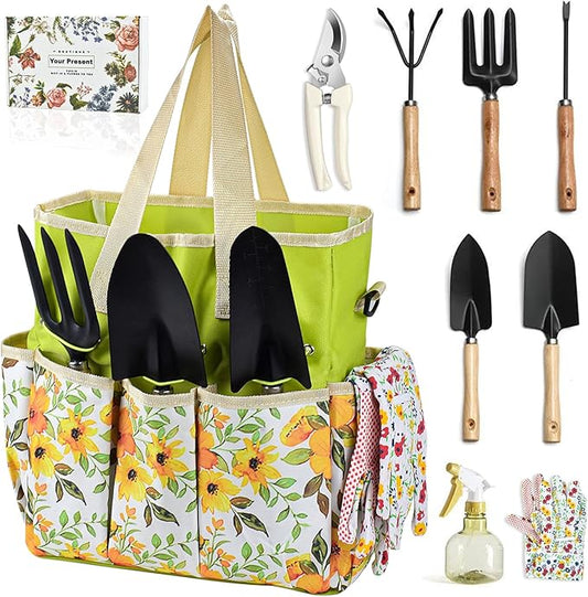 Gardening Tools Set Set for Women, 10 Pieces Heavy Duty Gardening Hand Tools with Storage Handbag Box, Steel Durable Gardening Gifts for Women Men, Mom, Dad - Durable