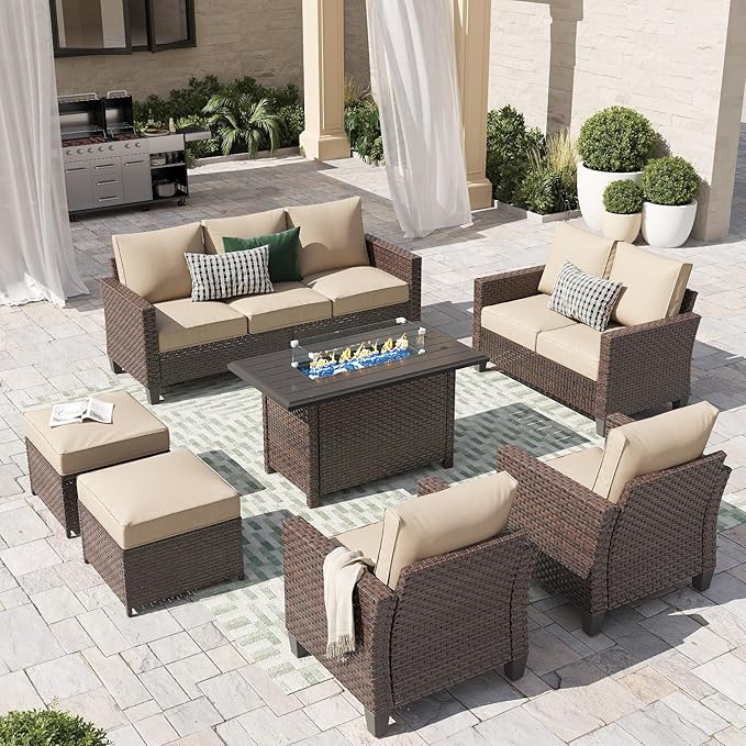SUNSITT Outdoor Patio Furniture Set with Fire Pit Table 7 Piece Wicker Conversation Set with 43in Propane Firepit Sectional Dining Set 3 Seat Sofa Couch with Ottoman, Brown Wicker & Beige Cushion