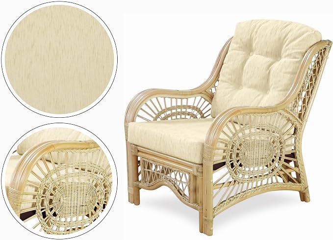 Malibu Lounge Set of 4: 2 Natural Rattan Wicker Chairs, Three-Seater Sofa with Cushions and Coffee Table with Glass Handmade, Natural (Cream Cushions)