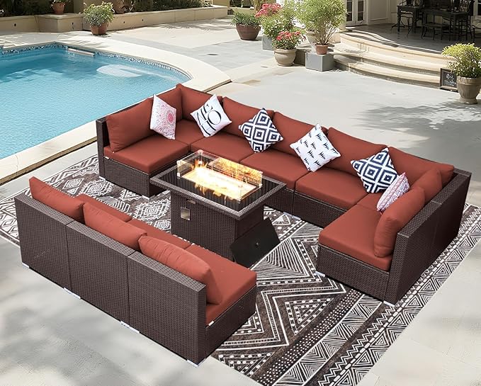 BULEXYARD 11 Piece High Back Wicker Patio Furniture Sets with Fire Pit, Luxury Extra Large Size Outdoor Seating Set, Comfortable Extra Wide Deep 10-Seater Sectional Couch Sofa for Outside, Brown & Red