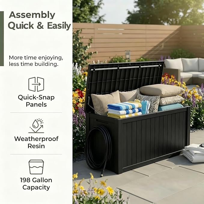 198 Gallon Resin Deck Box – Finally, a Lockable Outdoor Storage That Fits Everything (Cushions, Tools, Pool Gear & BBQ) – Weatherproof Wood Grain Design for Patio, Garden, Office, Home Indoor Outdoor