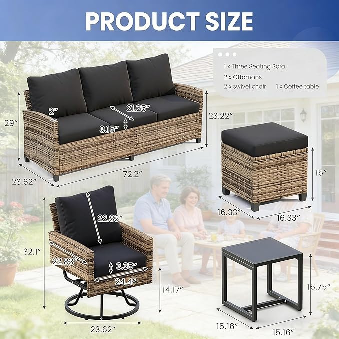 6 Piece Outdoor Furniture Set, Rattan Patio Furniture with 2 Swivel Chairs, 3-Seat Sofa, 2 Ottoman & Side Table, All-Weather Conversation Set for Porch Garden Lawn Balcony (Brown & Black)
