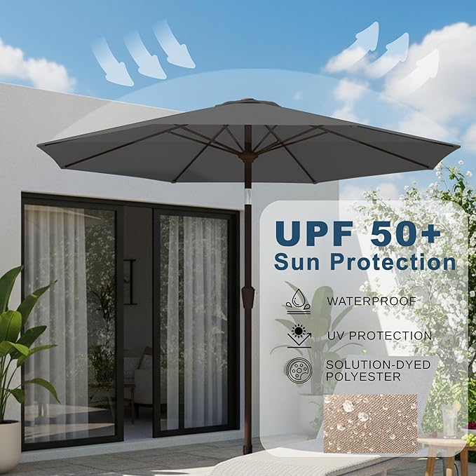 9ft Patio Umbrella with Push Button Tilt and Crank,Outdoor Market Table Umbrella UV Protection 8 Sturdy Ribs for Backyard,Garden,Pool,Deck(Gray)